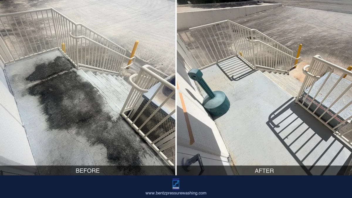 Commercial concrete stairs before and after Bentz cleaning