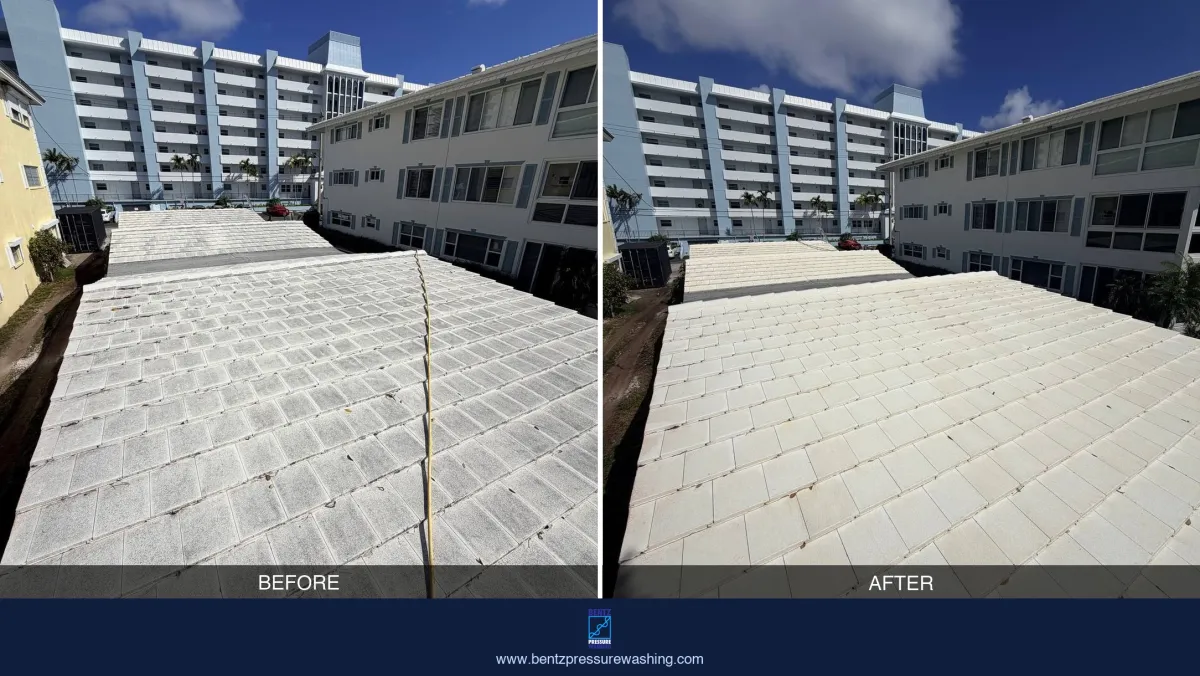 Condominium tile roof before and after soft-wash cleaning